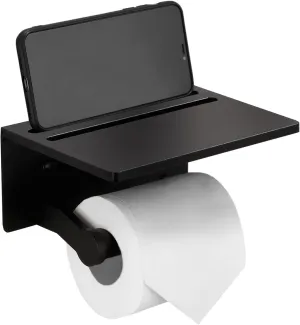 Smarthome Toilet Paper Holder with Shelf, Black Anti-Rust Aluminum Tissue Roll Holder with Mobile Phone Storage Shelf for Bathroom, 3M Self Adhesive No Drilling or Wall Mounted with Screws