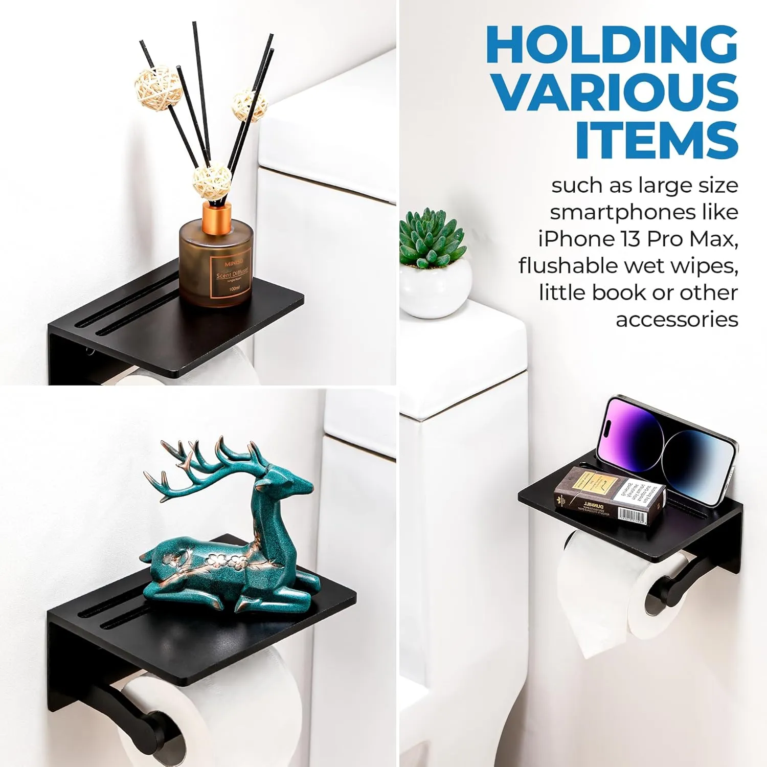 Smarthome Toilet Paper Holder with Shelf, Black Anti-Rust Aluminum Tissue Roll Holder with Mobile Phone Storage Shelf for Bathroom, 3M Self Adhesive No Drilling or Wall Mounted with Screws