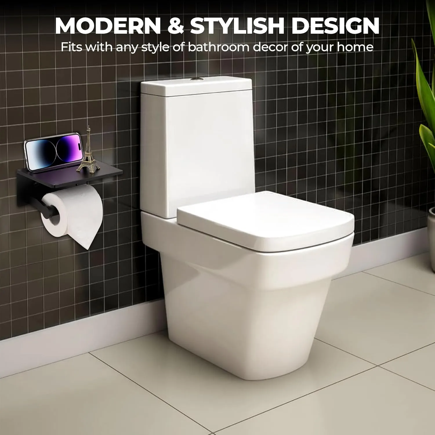 Smarthome Toilet Paper Holder with Shelf, Black Anti-Rust Aluminum Tissue Roll Holder with Mobile Phone Storage Shelf for Bathroom, 3M Self Adhesive No Drilling or Wall Mounted with Screws