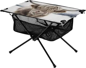 Snowy Highland Cow Portable Folding Camping Table, Compact Lightweight Beach Table with Carrying Bag for Outdoor Picnics, BBQs, Camp