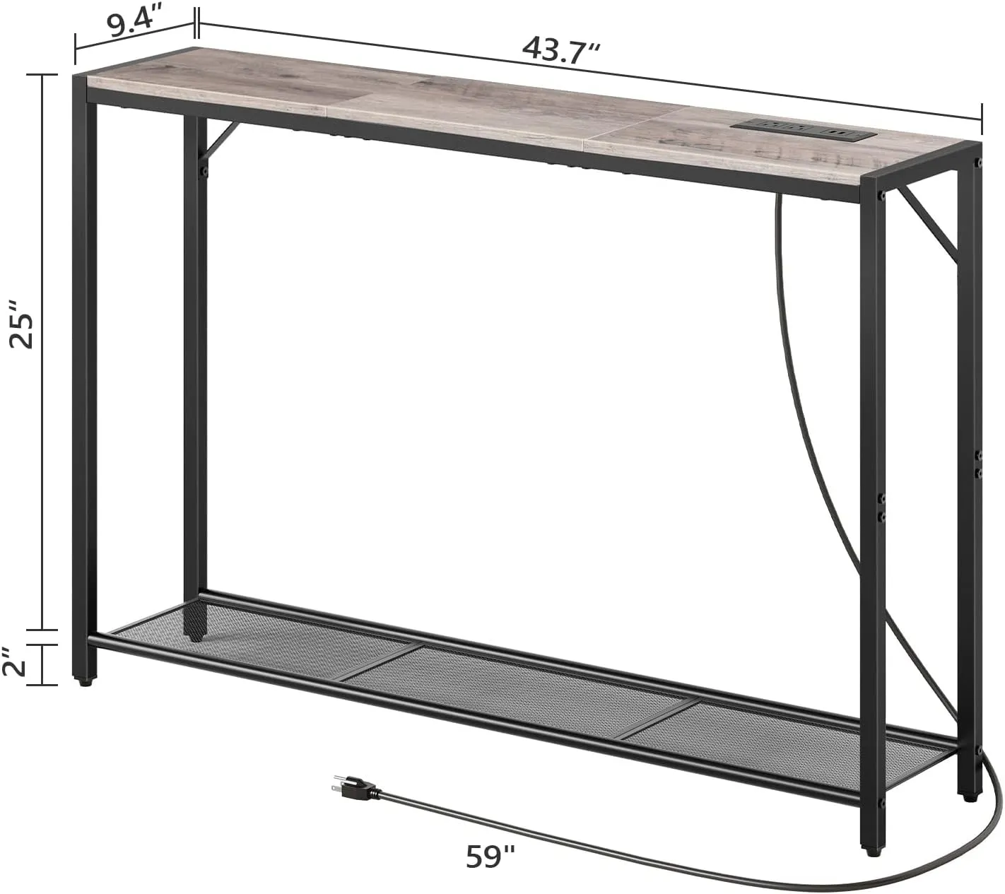 Sofa Table with Power Outlet, 43.7" Console Table with USB Ports, Behind Couch Table, Entryway Table for Living Room, Entryway, Foyer, Metal Frame, Adjustable Feet, Greige CTHG11E01Z1