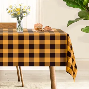 Softalker Halloween Gingham Checkered Rectangle Tablecloth - Buffalo Plaid Table Cloth Waterproof Stain Resistant Washable Table Cover for Kitchen/Party/Holiday - Black and Orange, 60 x 102 Inch