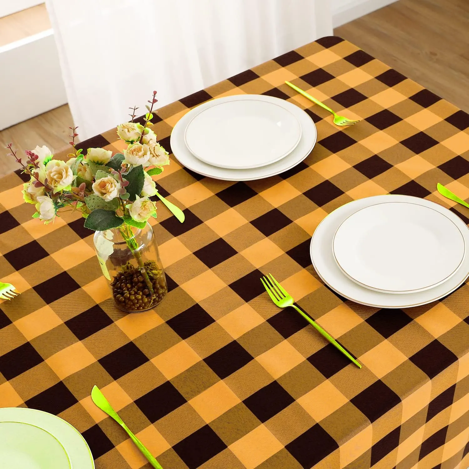 Softalker Halloween Gingham Checkered Rectangle Tablecloth - Buffalo Plaid Table Cloth Waterproof Stain Resistant Washable Table Cover for Kitchen/Party/Holiday - Black and Orange, 60 x 102 Inch