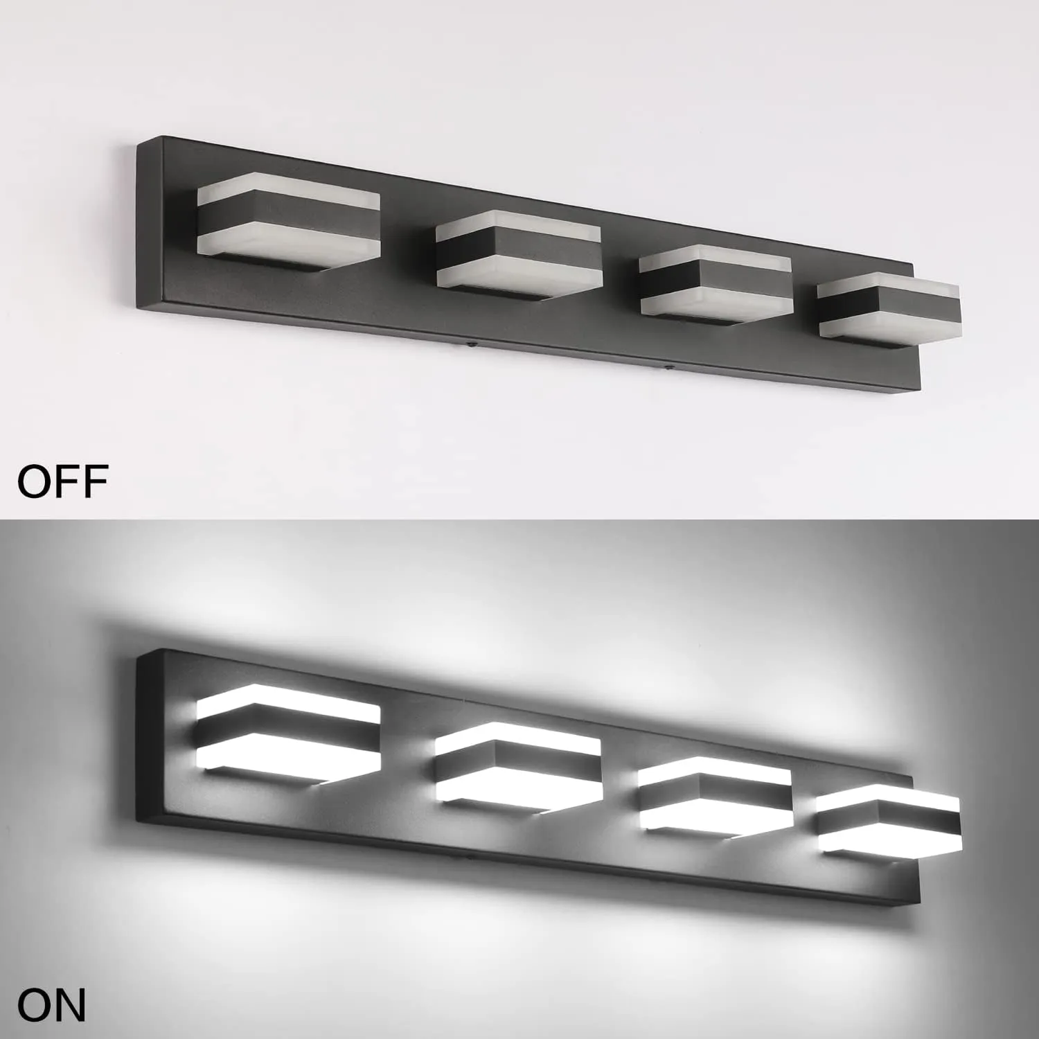 SOLFART Black Bathroom Light Fixtures 4 Lights Bathroom Vanity Light LED Dimmable Matt Black Vanity Lights 32W Cool White 6000K & 0%-100% Brightness Dimmable