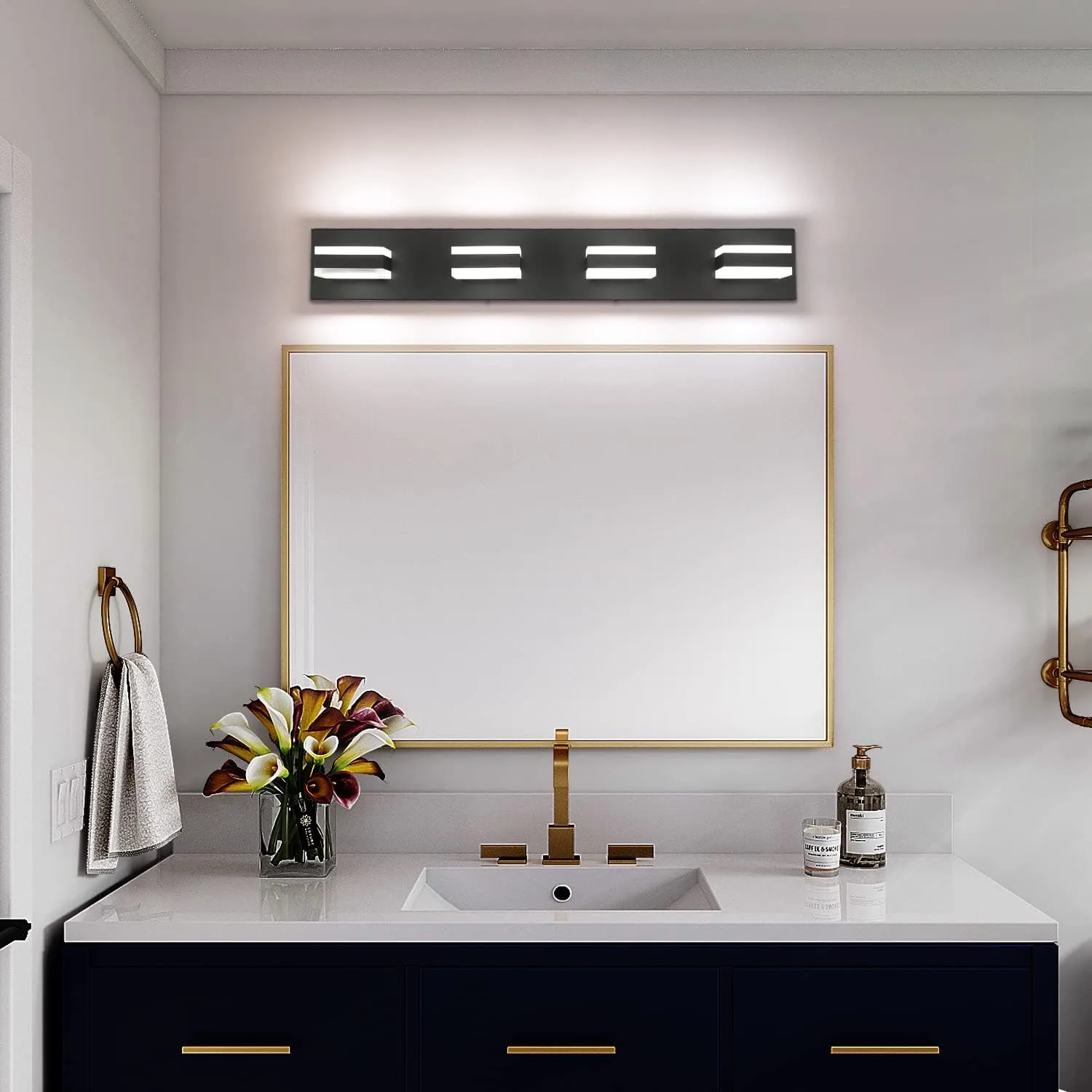 SOLFART Black Bathroom Light Fixtures 4 Lights Bathroom Vanity Light LED Dimmable Matt Black Vanity Lights 32W Cool White 6000K & 0%-100% Brightness Dimmable