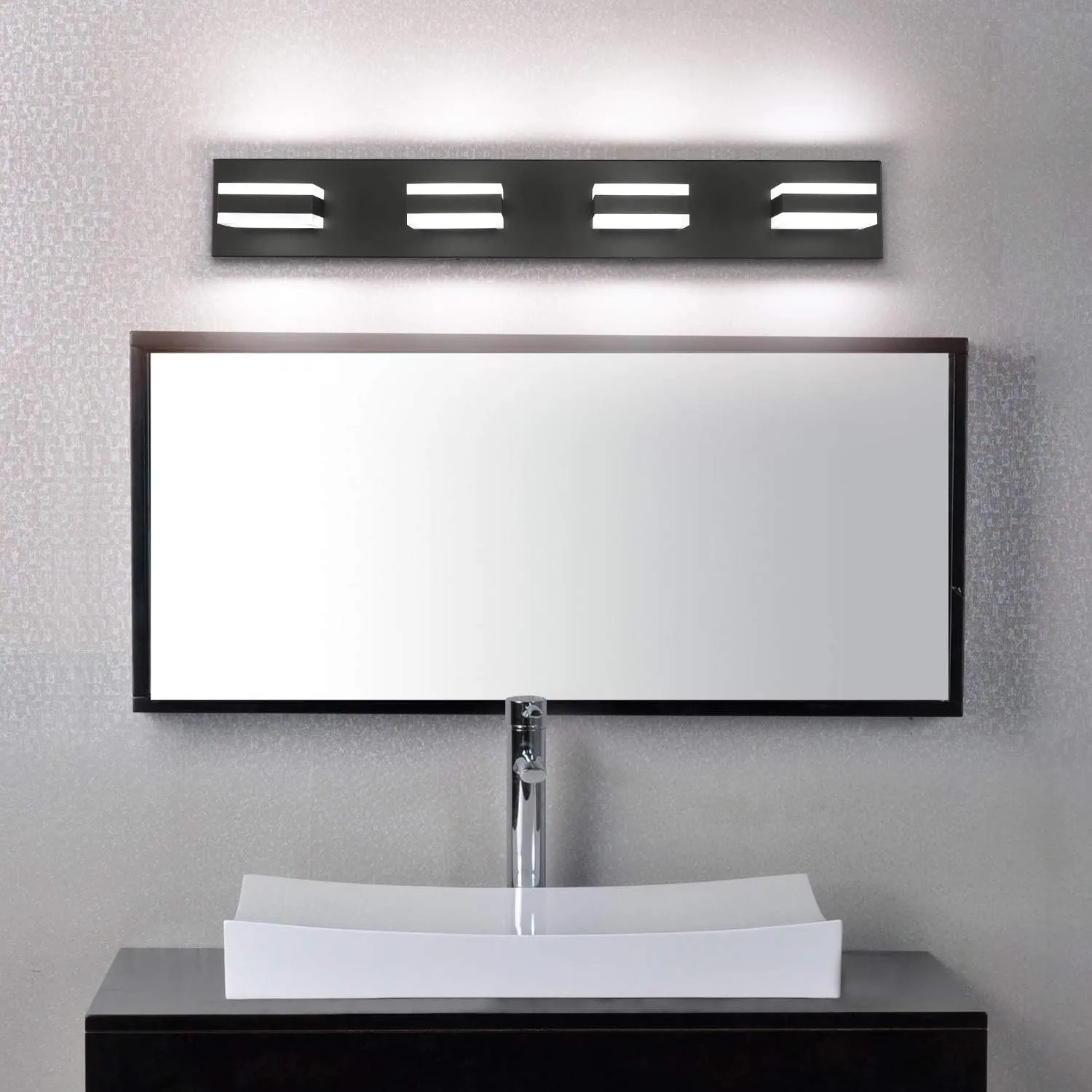 SOLFART Black Bathroom Light Fixtures 4 Lights Bathroom Vanity Light LED Dimmable Matt Black Vanity Lights 32W Cool White 6000K & 0%-100% Brightness Dimmable
