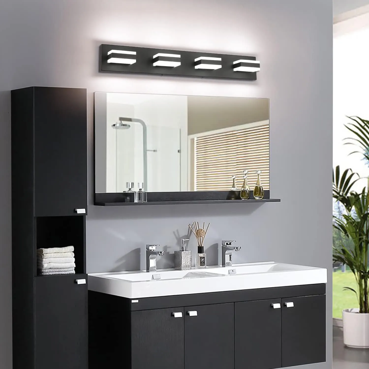 SOLFART Black Bathroom Light Fixtures 4 Lights Bathroom Vanity Light LED Dimmable Matt Black Vanity Lights 32W Cool White 6000K & 0%-100% Brightness Dimmable