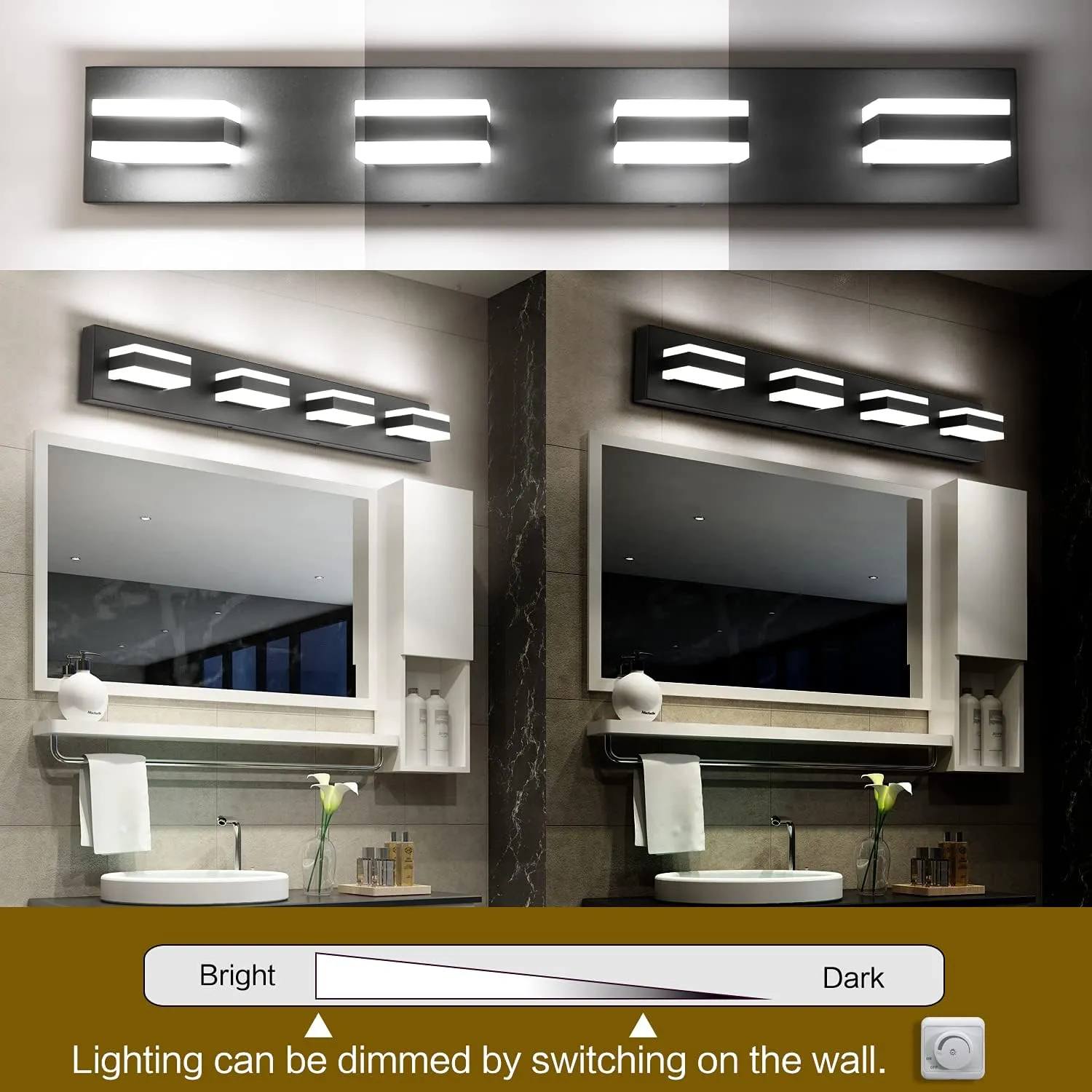 SOLFART Black Bathroom Light Fixtures 4 Lights Bathroom Vanity Light LED Dimmable Matt Black Vanity Lights 32W Cool White 6000K & 0%-100% Brightness Dimmable