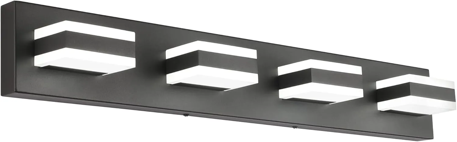 SOLFART Black Bathroom Light Fixtures 4 Lights Bathroom Vanity Light LED Dimmable Matt Black Vanity Lights 32W Cool White 6000K & 0%-100% Brightness Dimmable