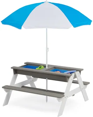 SoliWood Kids 3 in 1 Convertitable Sand and Water Table with Umbrella, Picnic Table for Outdoor Backyard Patio Play