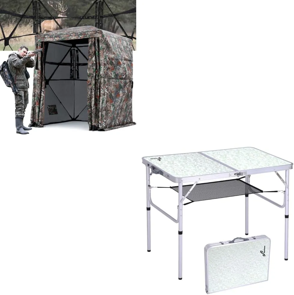 Sportneer Camping Table & Hunting Blind, Adjustable Height Small Folding Table with Mesh Layer, 80" Tall 270 Degree See Through Ground Blind for Deer Hunting