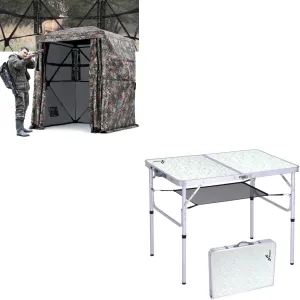 Sportneer Camping Table & Hunting Blind, Adjustable Height Small Folding Table with Mesh Layer, 80" Tall 270 Degree See Through Ground Blind for Deer Hunting