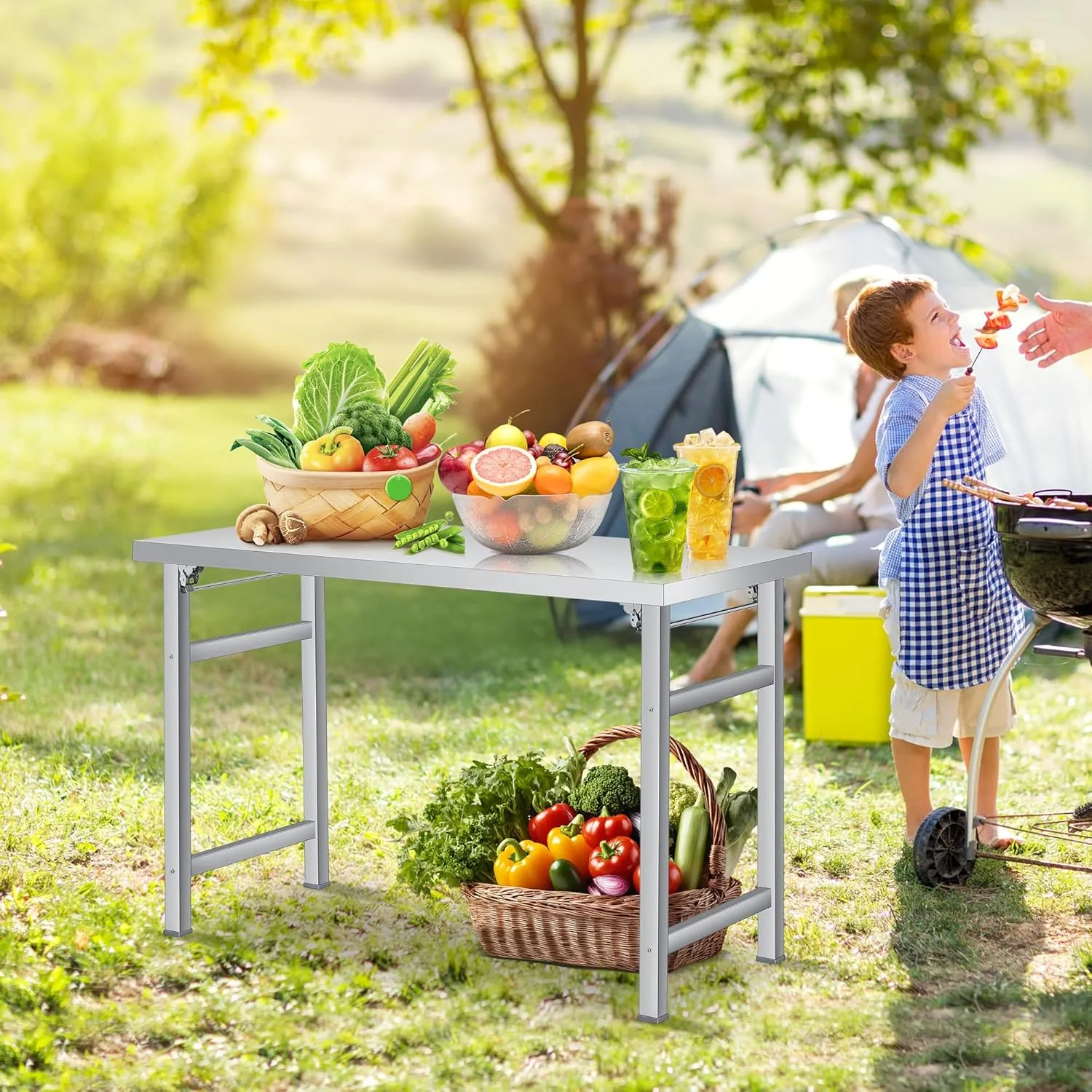 Stainless Steel Folding Table (60x24 in) - Commercial Work Table for Home, Kitchen, Restaurant, Garage, Camping, Outdoor, 520 lbs Load, Foldable Stainless Steel Workstation, Single Tier No Undershelf