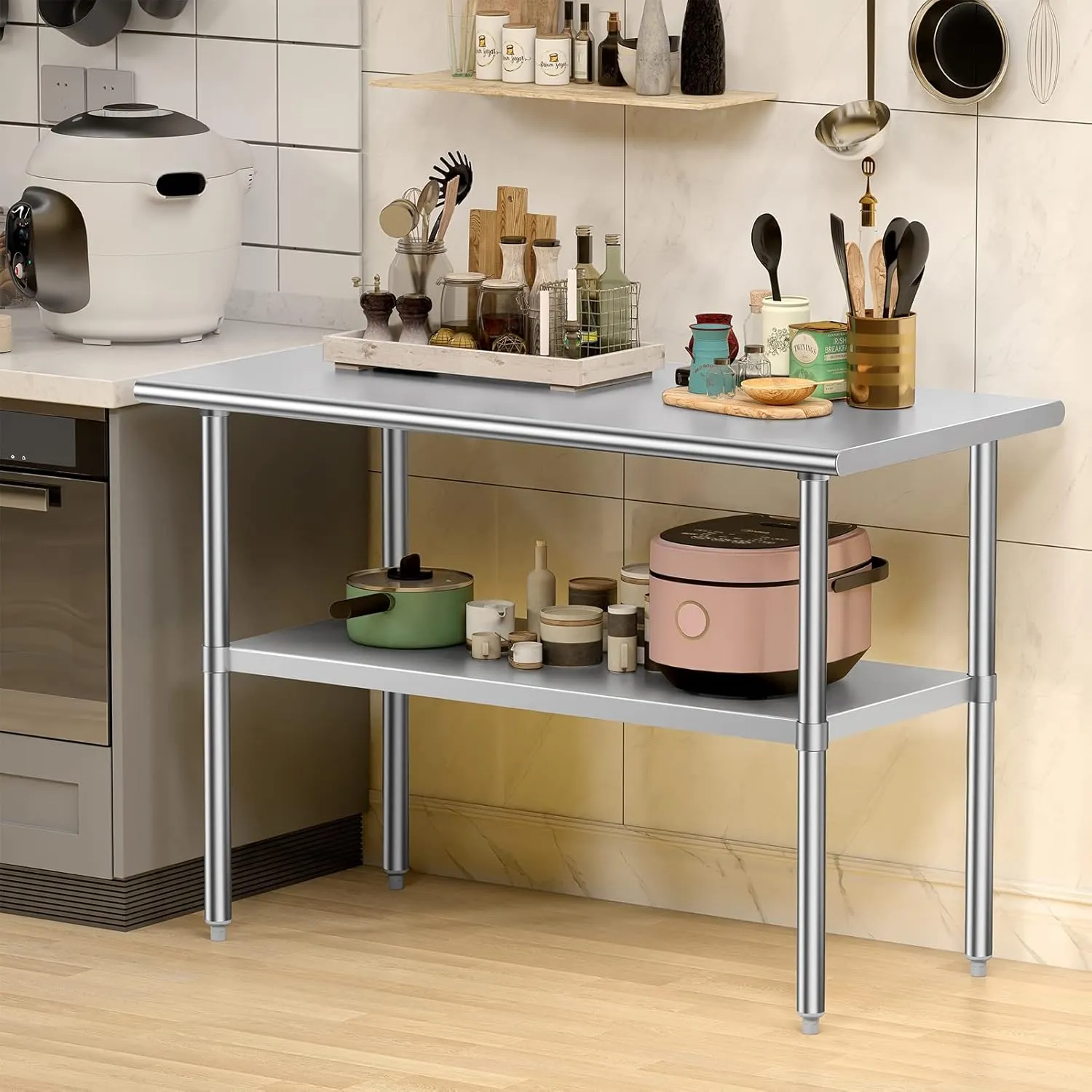 Stainless Steel Table for Prep & Work, NSF Metal Commercial Heavy Duty Table with Adjustable Under Shelf and Foot for Restaurant, Home and Hotel (24x48in)