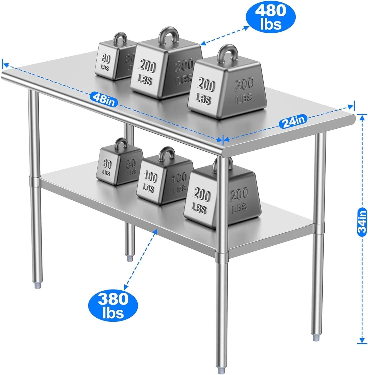 Stainless Steel Table for Prep & Work, NSF Metal Commercial Heavy Duty Table with Adjustable Under Shelf and Foot for Restaurant, Home and Hotel (24x48in)