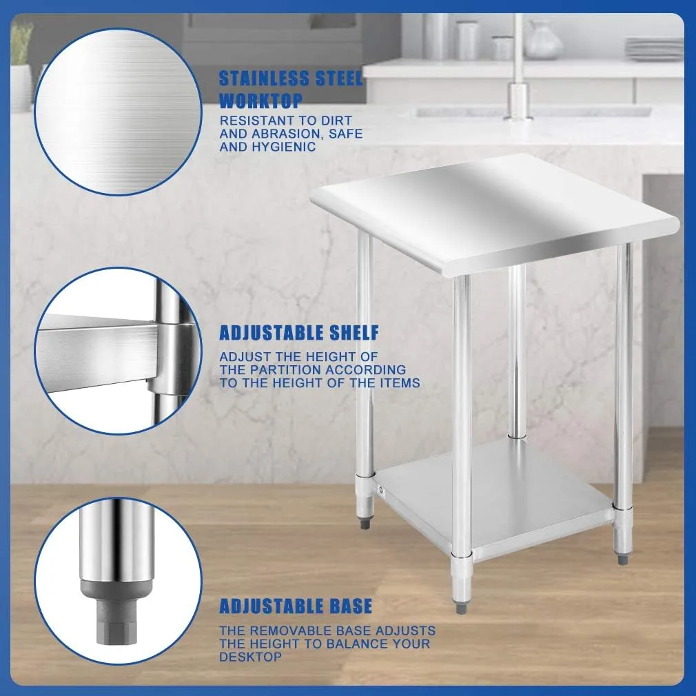 Stainless Steel Work Table Metal Utility Tables Commercial Kitchen NSF with Adjustable Table Toot,24Wx24L