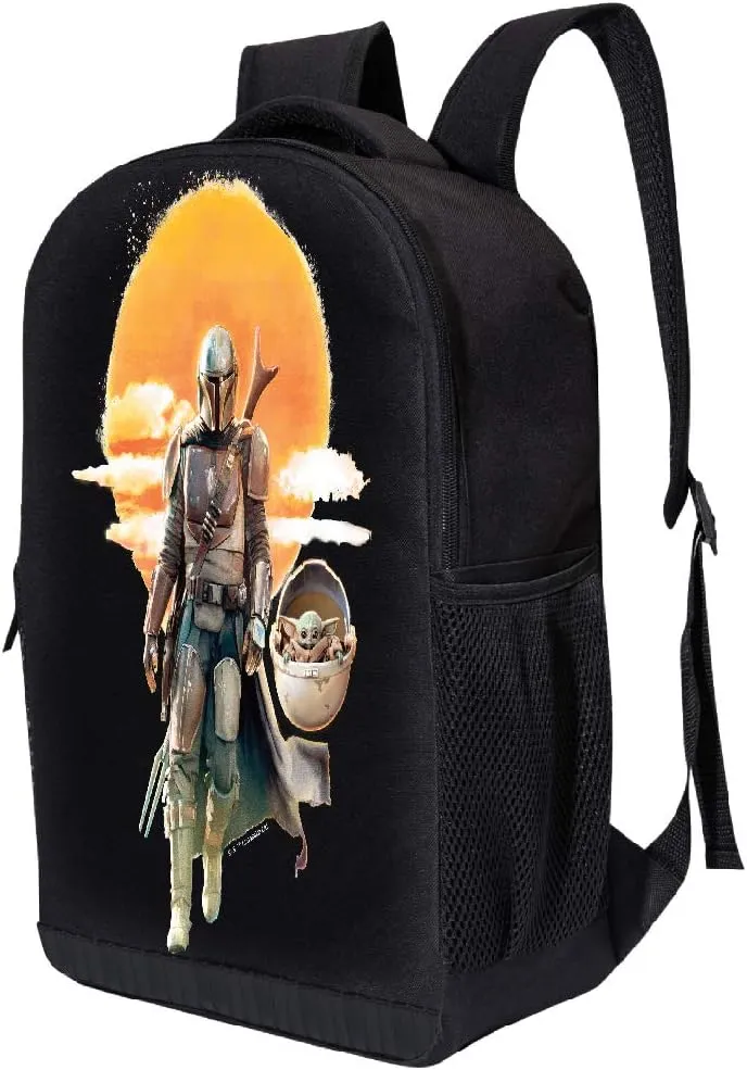 STAR WARS BLACK MANDALORIAN BACKPACK 18 INCH AIR MESH PADDED BAG (Mando Child and the Sun)