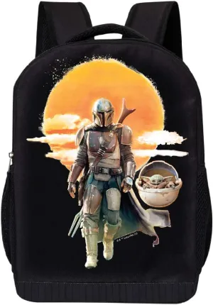 STAR WARS BLACK MANDALORIAN BACKPACK 18 INCH AIR MESH PADDED BAG (Mando Child and the Sun)