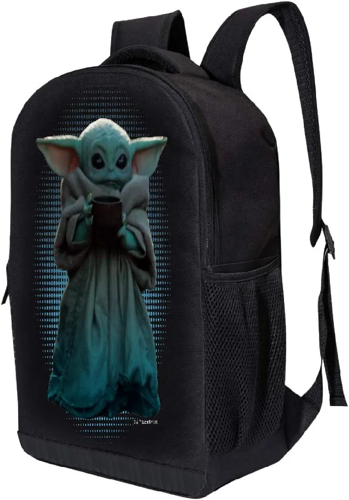 STAR WARS BLACK MANDALORIAN BACKPACK 18 INCH AIR MESH PADDED BAG (The Child and Cup)