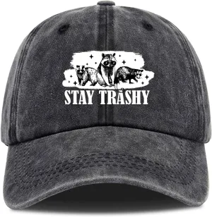 Stay Trashy,Funny Baseball Cap,Funny Trucker Hat,Vintage Caps,Raccoon Lover Gift,Funny Vintage Cotton Washed Baseball Caps,One Size Black