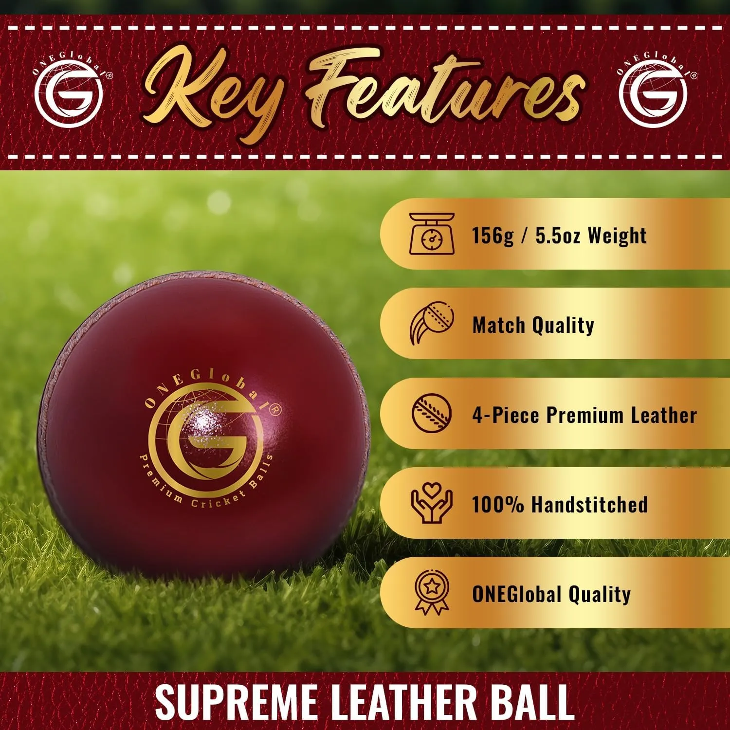Supreme Leather Cricket Ball | 100% Handstitched, 156g-5.5oz, 4-Piece Premium Leather, Waterproofing | Match Quality Hard Cricket Balls for Matches & Net Practice.