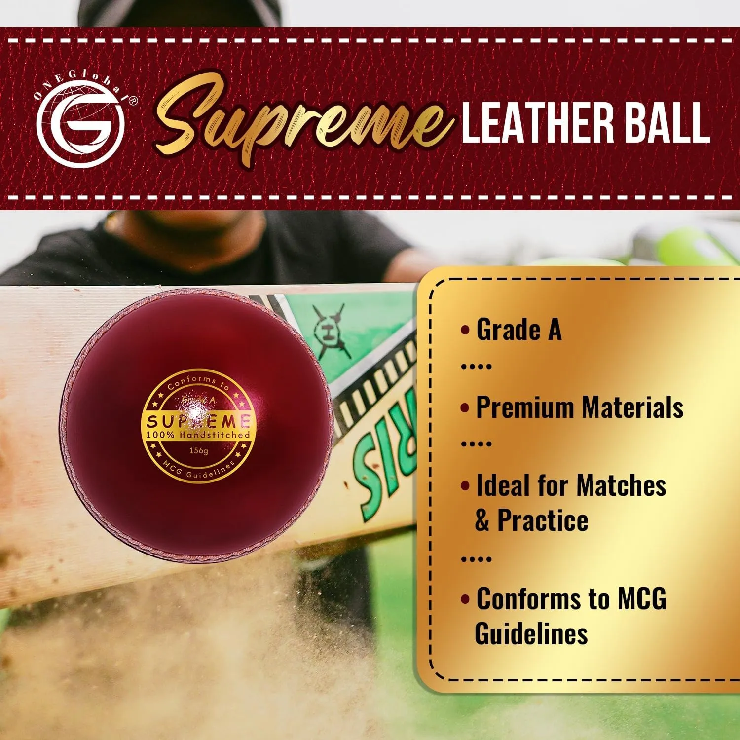 Supreme Leather Cricket Ball | 100% Handstitched, 156g-5.5oz, 4-Piece Premium Leather, Waterproofing | Match Quality Hard Cricket Balls for Matches & Net Practice.