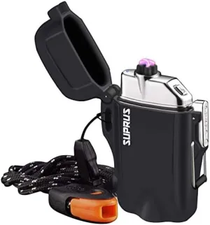 SUPRUS Waterproof Lighter 3 Modes of Flashlight Windproof Lighter Dual Arc Electric Lighters Rechargeable Dual Arc Plasma Lighter with Survival Emergency Whistle and Lanyard