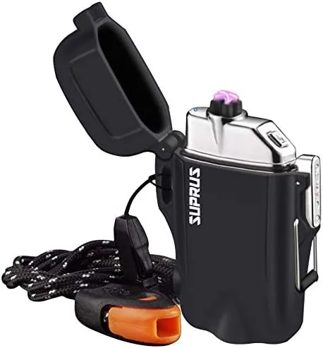 SUPRUS Waterproof Lighter 3 Modes of Flashlight Windproof Lighter Dual Arc Electric Lighters Rechargeable Dual Arc Plasma Lighter with Survival Emergency Whistle and Lanyard