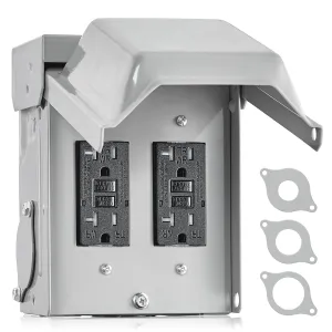 SURAIELEC Outdoor Outlet Box Waterproof, Dual 20 AMP WRTR GFCI Receptacles, Rainproof 3R Weather Resistant All Metal Outlet Cover, Electrical Power Plug for Holiday Decorations, Lights, ETL Listed