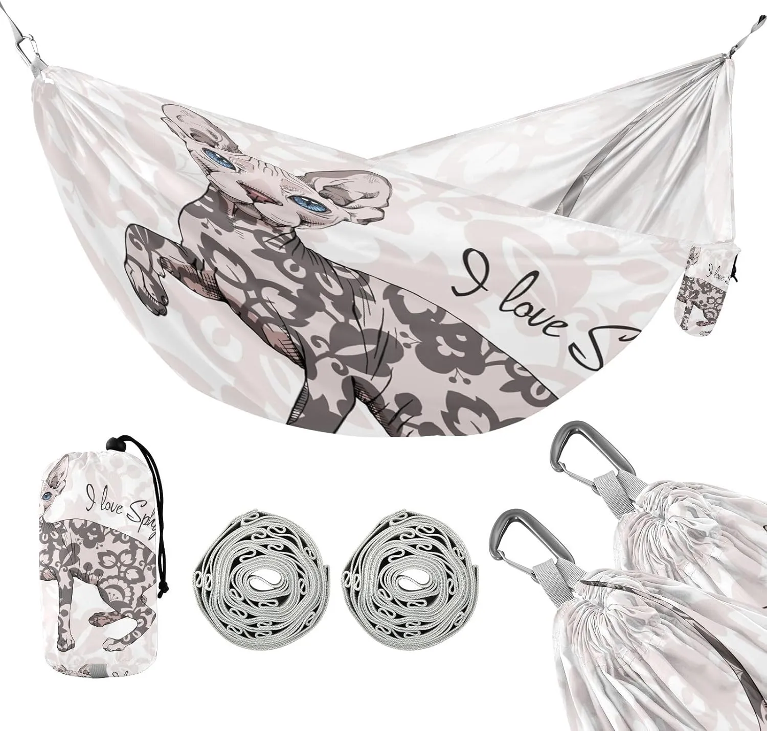 susiyo Portable Camping Hammock Sphynx Cat with Floral Printed Lightweight Hammock Comfortable Travel Swing with Tree Straps for Camping Hiking Backpacking Travel or Beach - Up to 330lbs