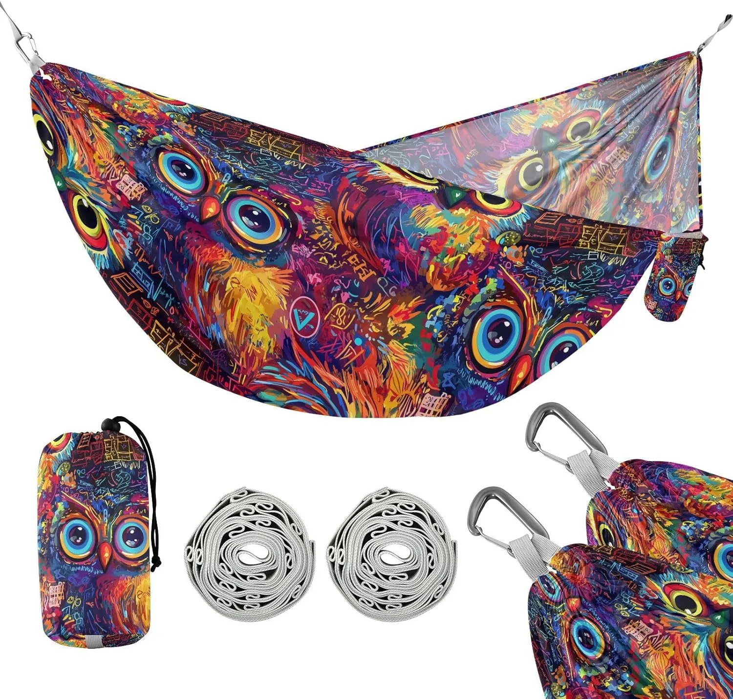 susiyo Portable Camping Hammock Vibrant Cartoon Owl Printed Lightweight Hammock Comfortable Travel Swing with Tree Straps for Camping Hiking Backpacking Travel or Beach - Up to 330lbs