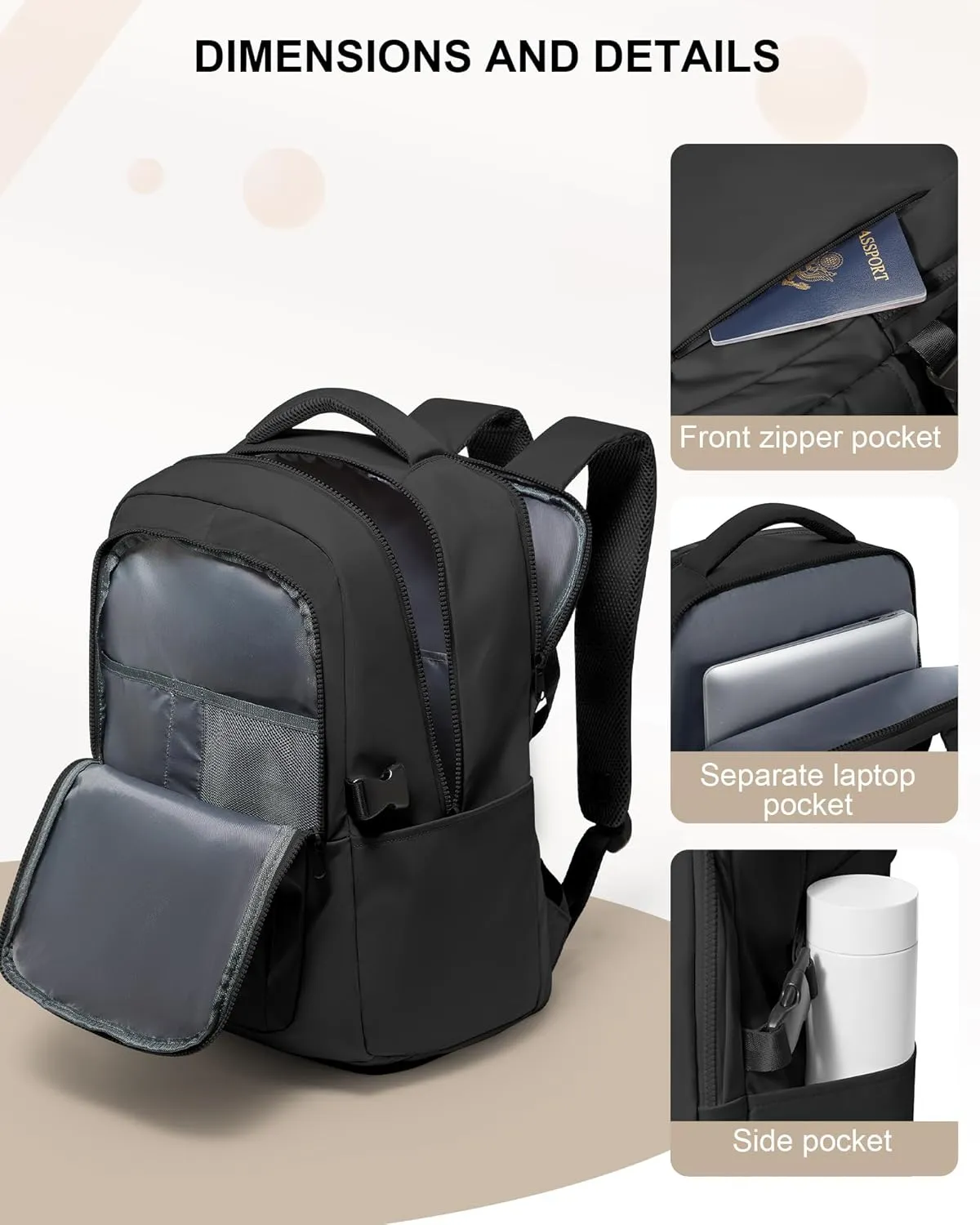 suwasp Large Travel Backpack for Women Men Airline Approved Carry On Personal Item Backpack Bag Frontier Airlines Personal Item Bag Flight Approved Luggage Backpack - Black