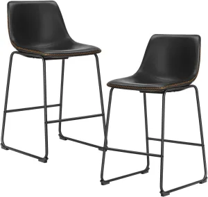 Sweetcrispy Counter Height Bar Stools Set of 2, 26 inch Height Stool Faux Leather Barstools with Back, Armless Kitchen Island Countertop Comfortable Modern Chairs with Metal Legs - Classic Black