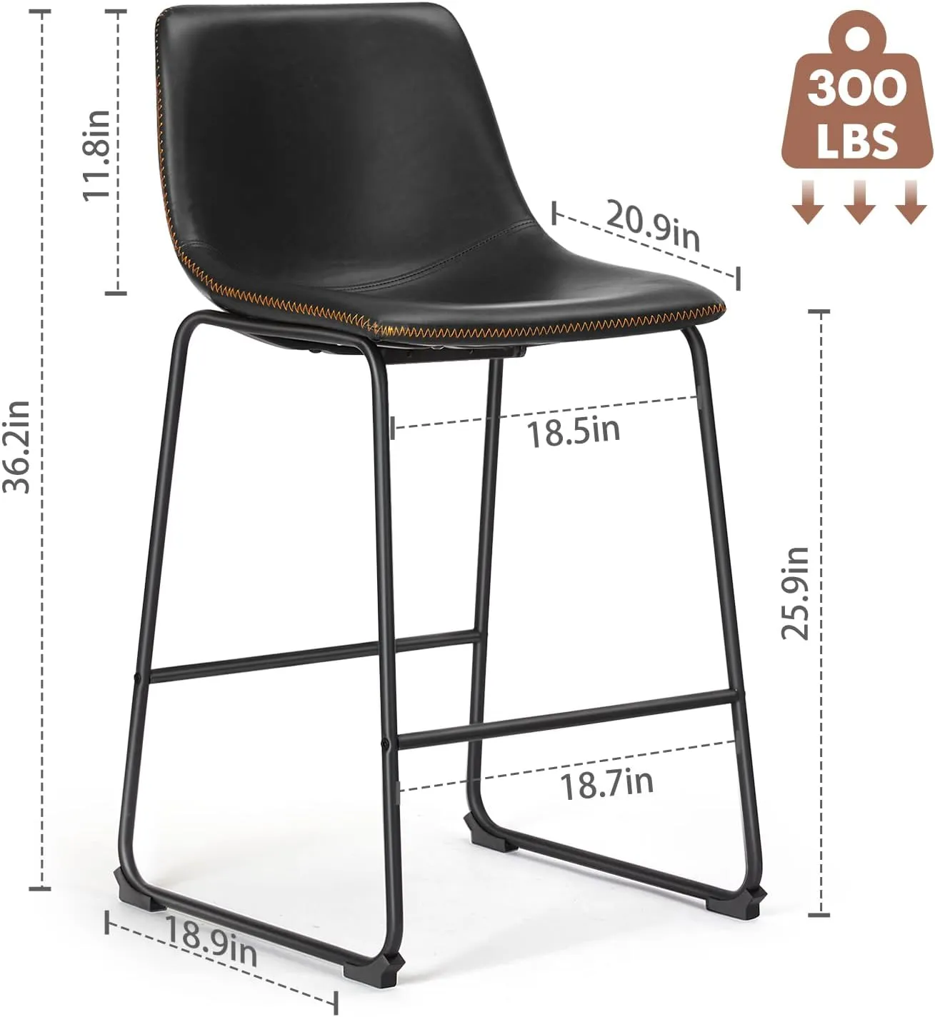 Sweetcrispy Counter Height Bar Stools Set of 2, 26 inch Leather Barstools Modern Bar Stools with Back, Counter Stool Armless Bar Chairs with Metal Legs, Footrest, Classic Black