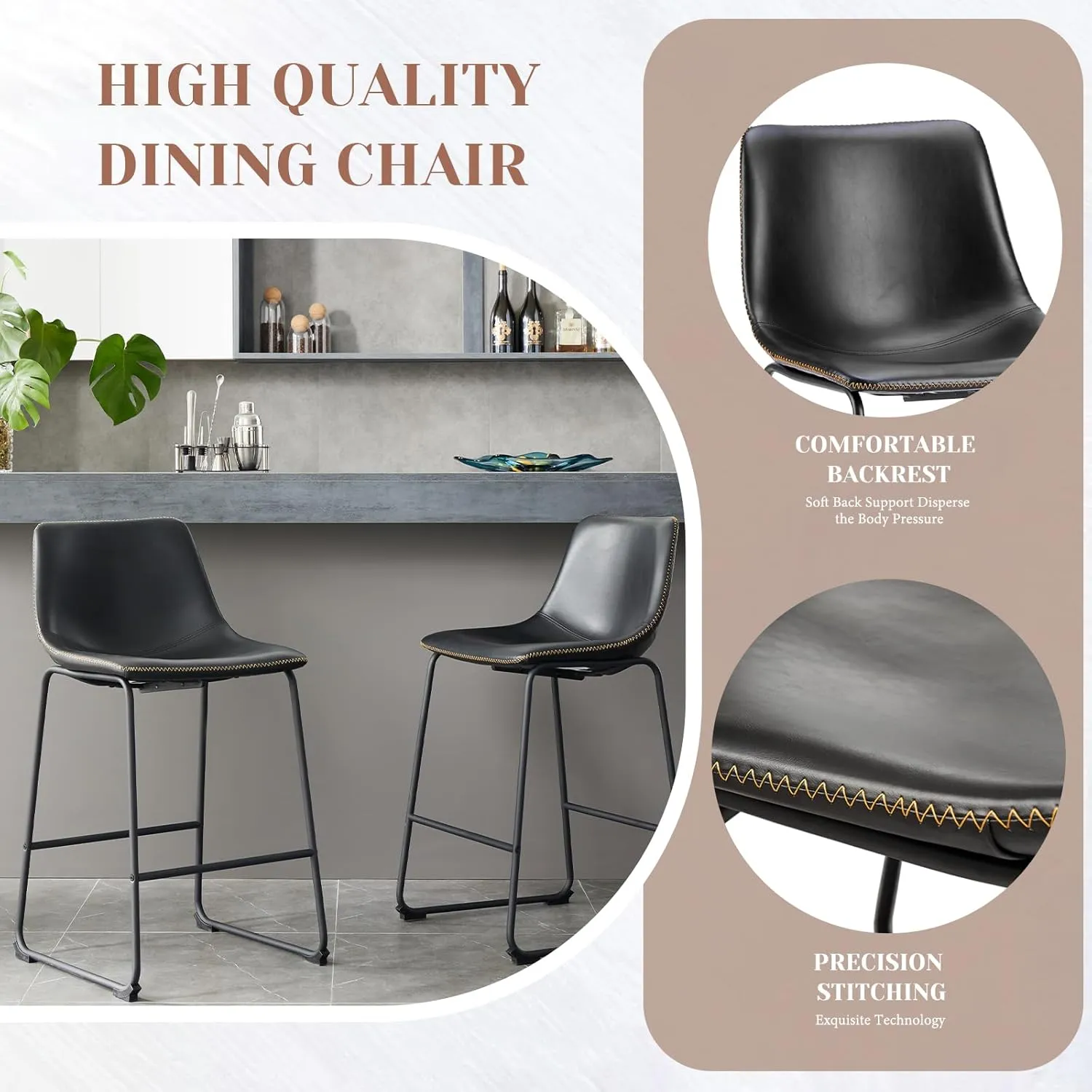 Sweetcrispy Counter Height Bar Stools Set of 2, 26 inch Leather Barstools Modern Bar Stools with Back, Counter Stool Armless Bar Chairs with Metal Legs, Footrest, Classic Black