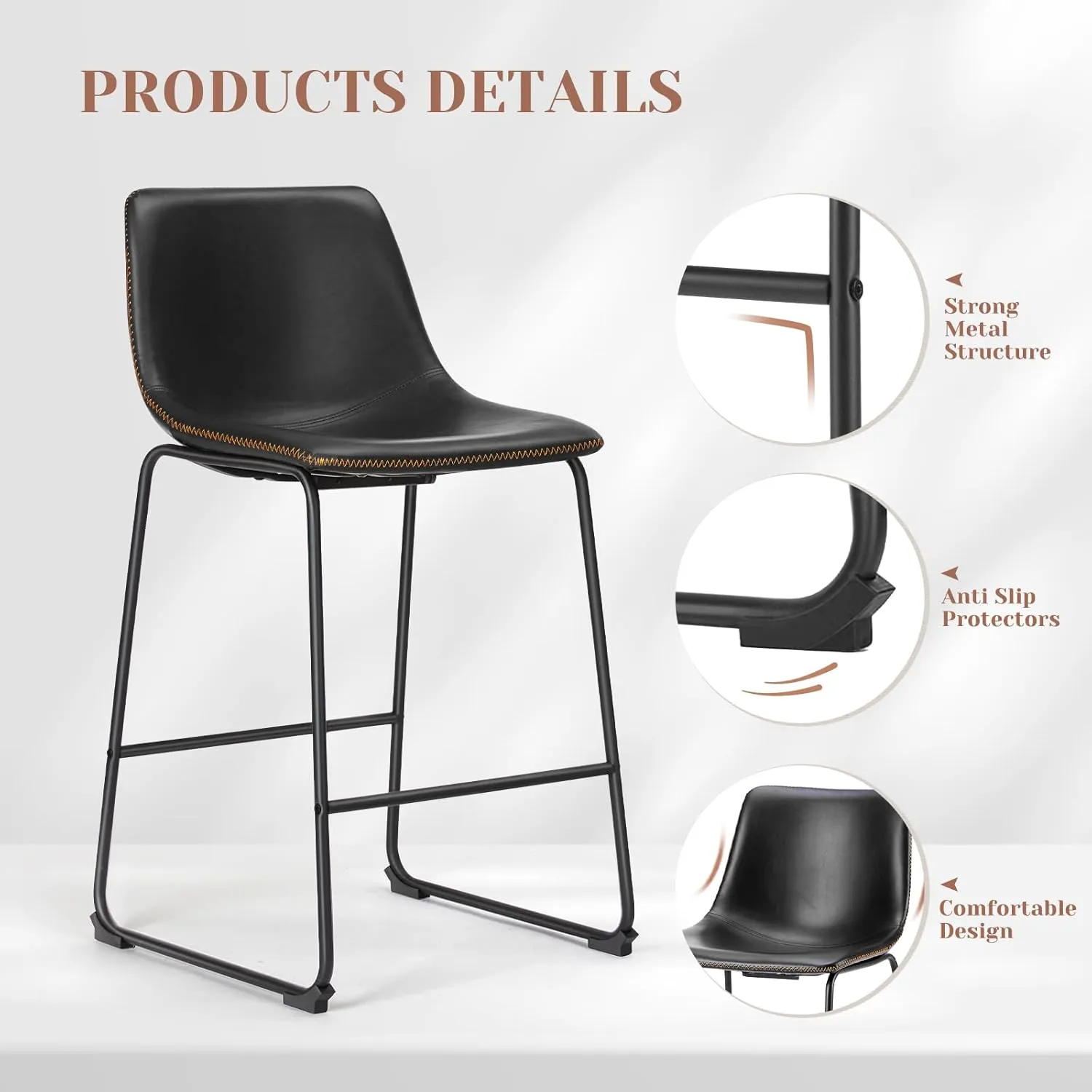 Sweetcrispy Counter Height Bar Stools Set of 2, 26 inch Leather Barstools Modern Bar Stools with Back, Counter Stool Armless Bar Chairs with Metal Legs, Footrest, Classic Black