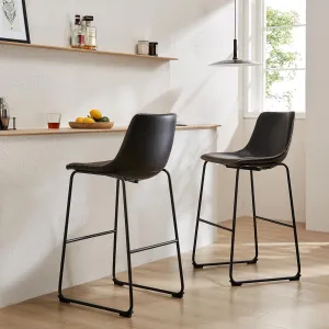 Sweetcrispy Counter Height Bar Stools Set of 2, 26 inch Leather Barstools Modern Bar Stools with Back, Counter Stool Armless Bar Chairs with Metal Legs, Footrest, Classic Black