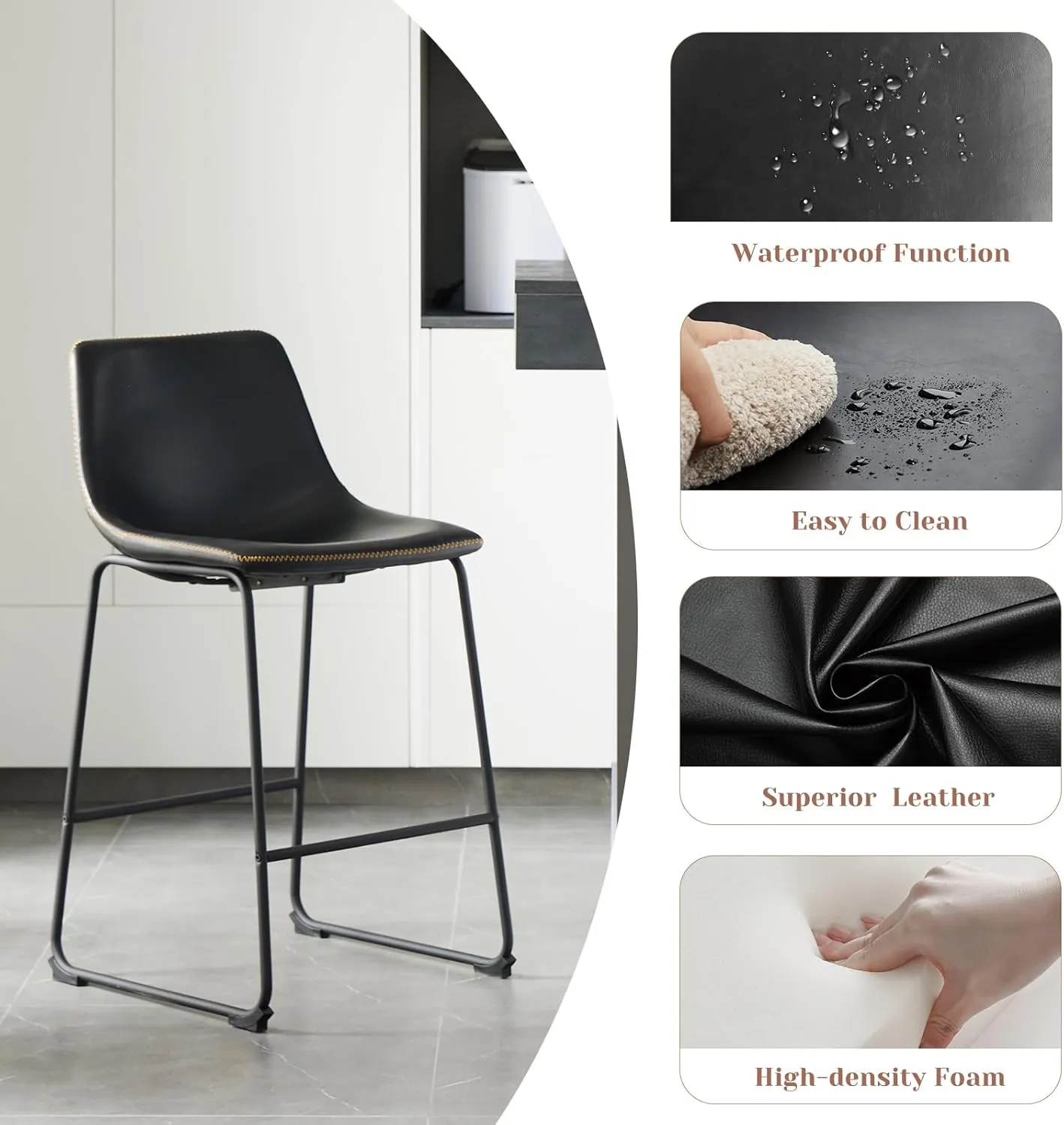 Sweetcrispy Counter Height Bar Stools Set of 2, 26 inch Leather Barstools Modern Bar Stools with Back, Counter Stool Armless Bar Chairs with Metal Legs, Footrest, Classic Black