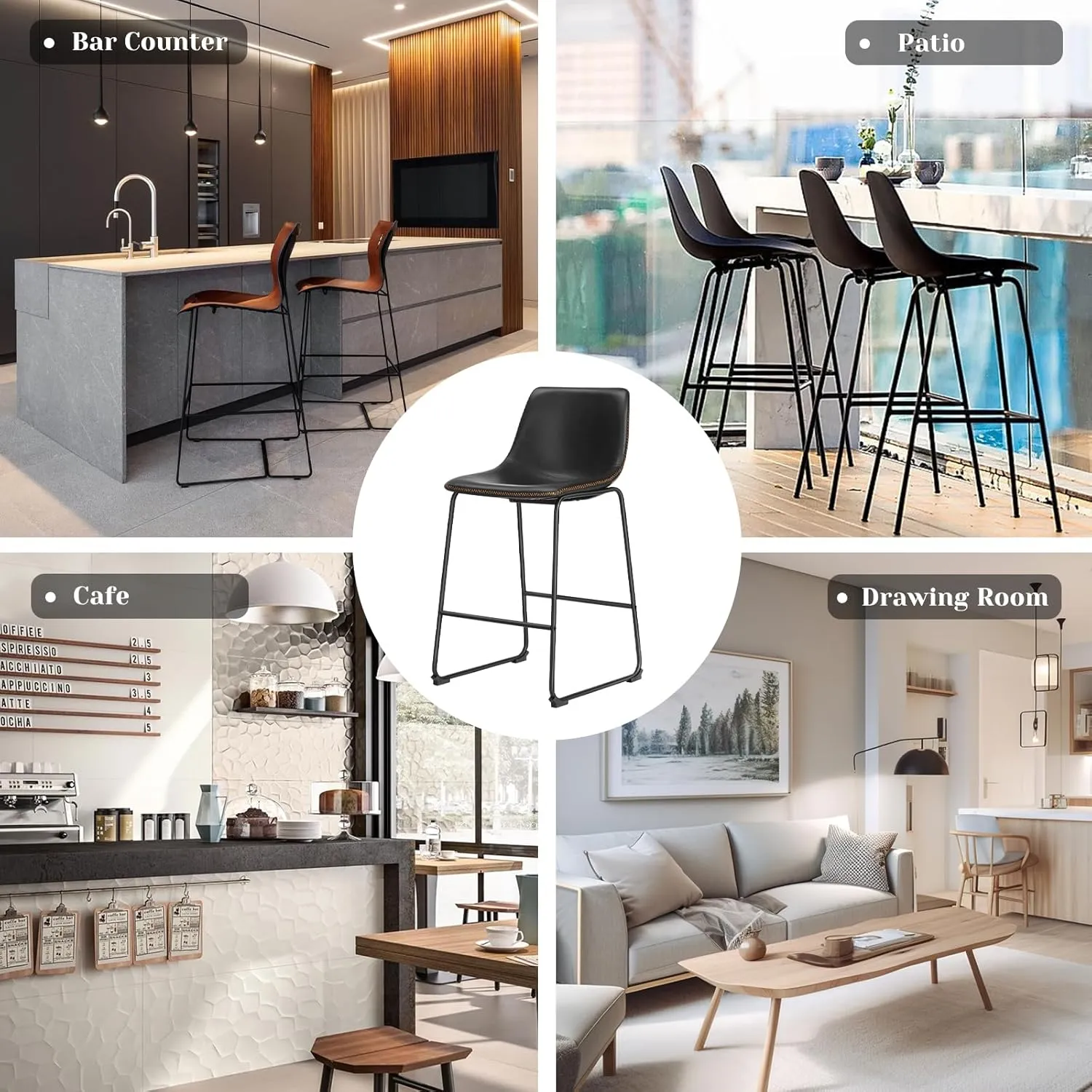 Sweetcrispy Counter Height Bar Stools Set of 2, 26 inch Leather Barstools Modern Bar Stools with Back, Counter Stool Armless Bar Chairs with Metal Legs, Footrest, Classic Black