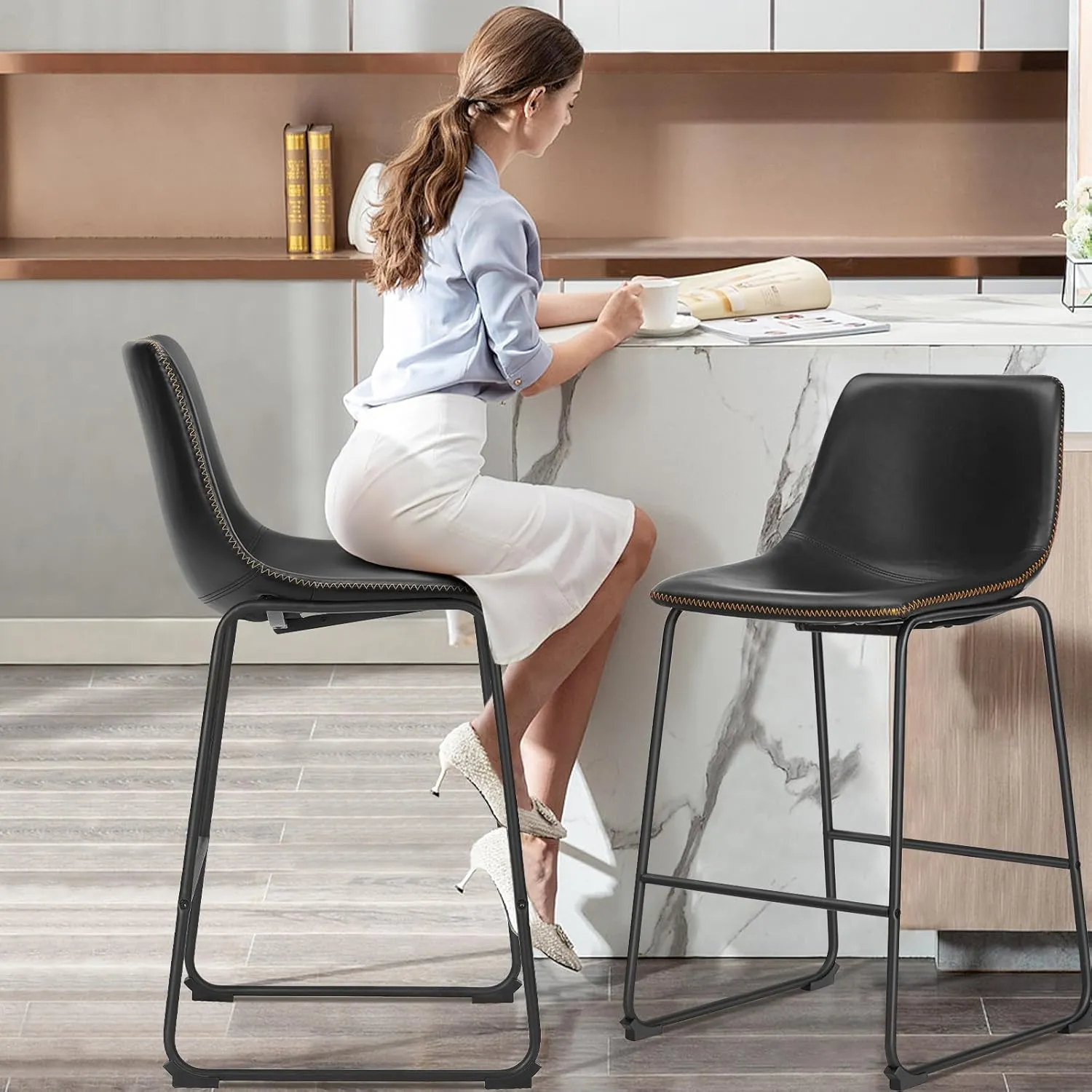 Sweetcrispy Counter Height Bar Stools Set of 2, 26 inch Leather Barstools Modern Bar Stools with Back, Counter Stool Armless Bar Chairs with Metal Legs, Footrest, Classic Black