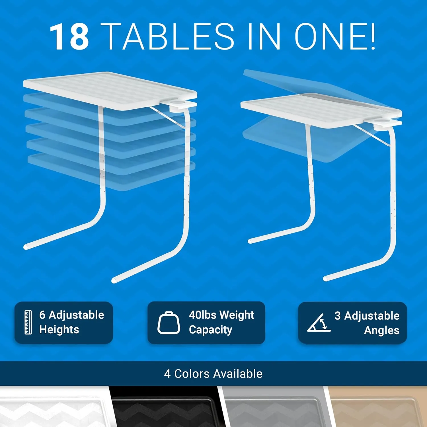 Table Mate II TV Tray - Folding Dinner Table, Couch Trays for Eating Snack Food, Stowaway Laptop Stand, Portable Bed Adjustable with 3 Angles, Cup Holder, Silver