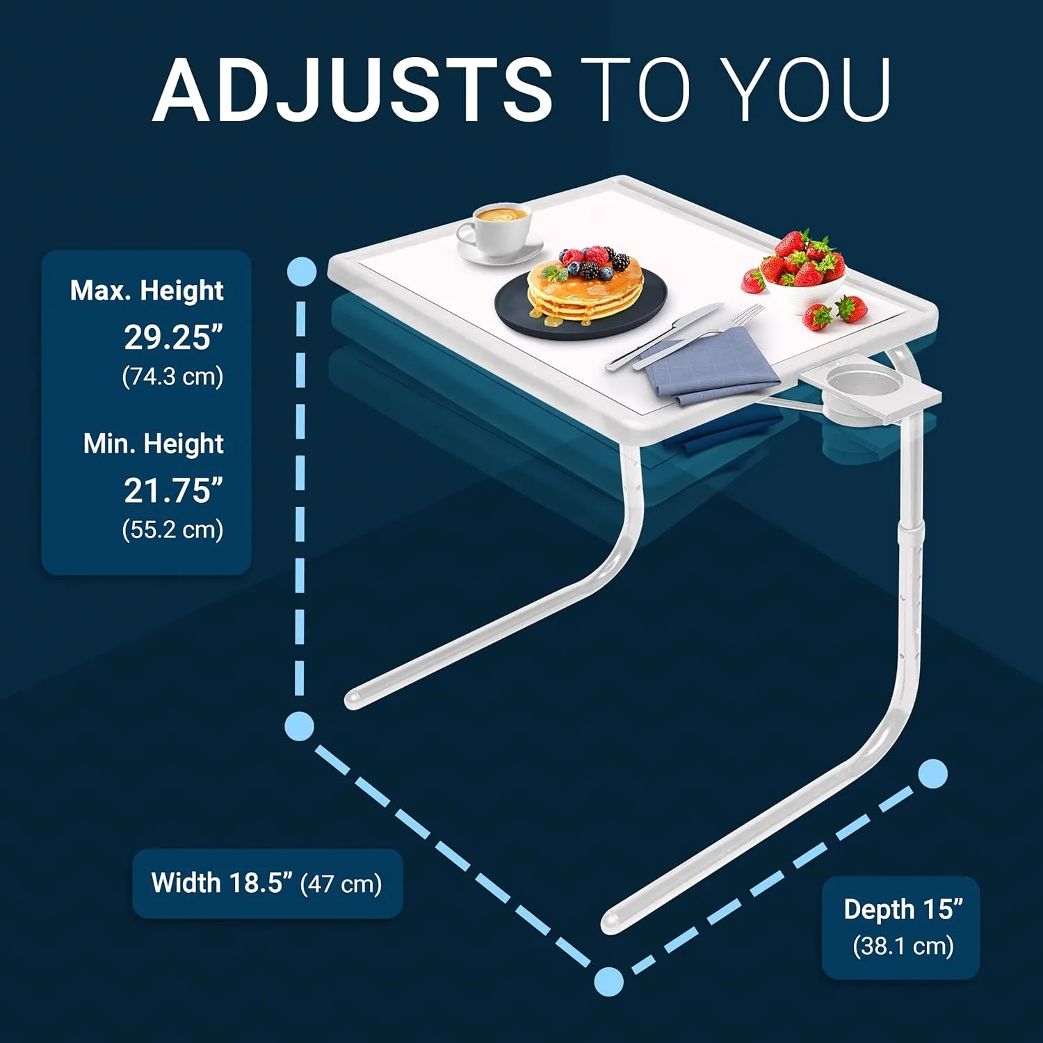 Table Mate II TV Tray - Folding Dinner Table, Couch Trays for Eating Snack Food, Stowaway Laptop Stand, Portable Bed Adjustable with 3 Angles, Cup Holder, Silver