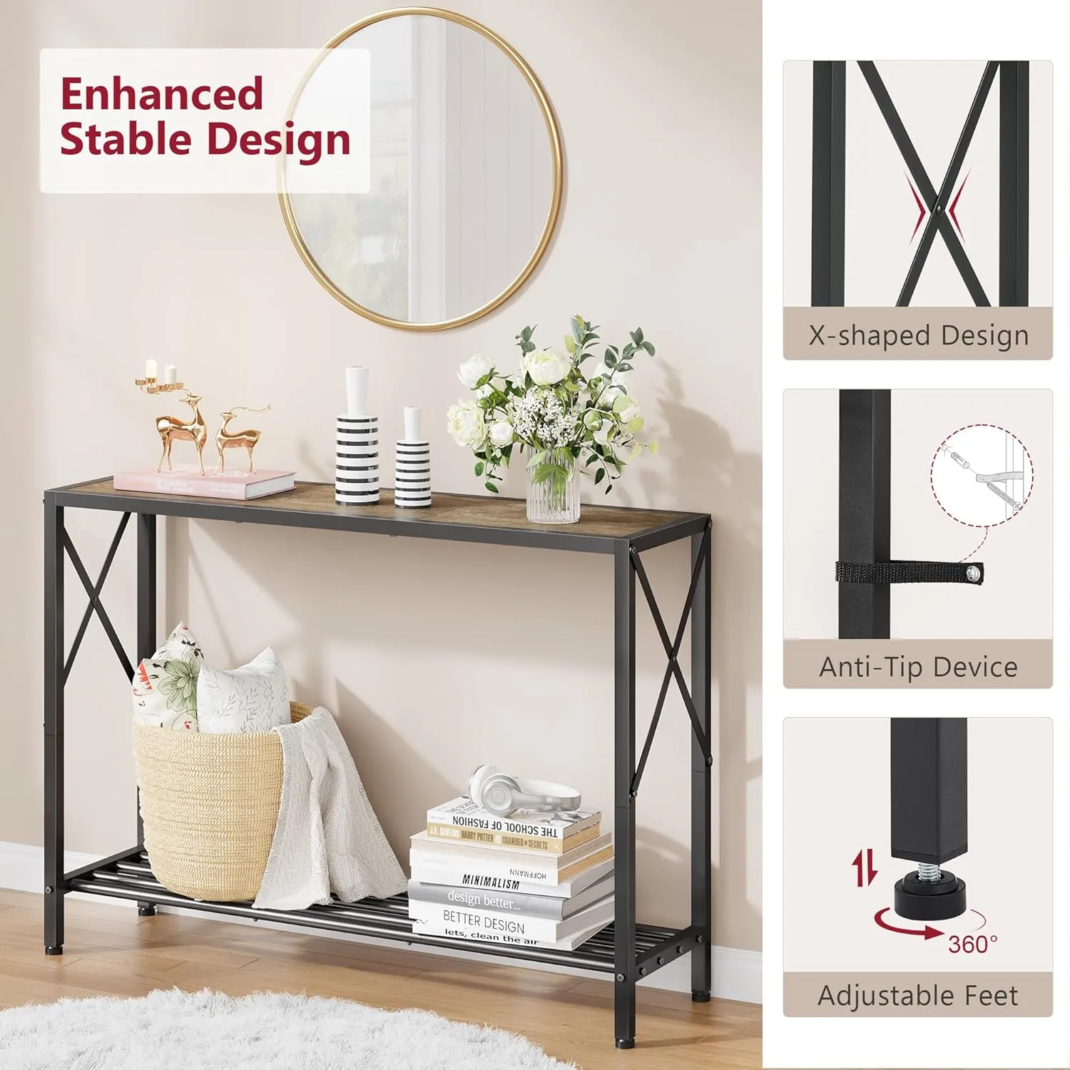 Tajsoon Console Table, 2-Tier Industrial entryway Table, 41.8”L Narrow Sofa Table with Shelves, Entrance Table for Entryway, Hallway, Living Room, Foyer, Corridor, Office, Grey & Black
