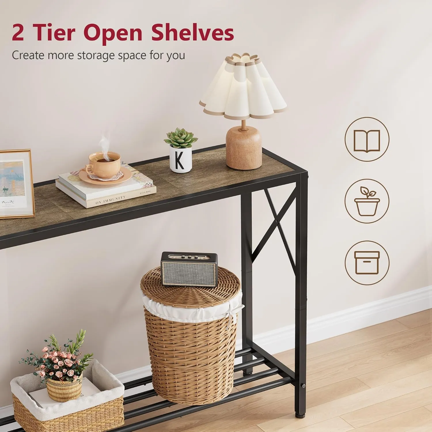 Tajsoon Console Table, 2-Tier Industrial entryway Table, 41.8”L Narrow Sofa Table with Shelves, Entrance Table for Entryway, Hallway, Living Room, Foyer, Corridor, Office, Grey & Black