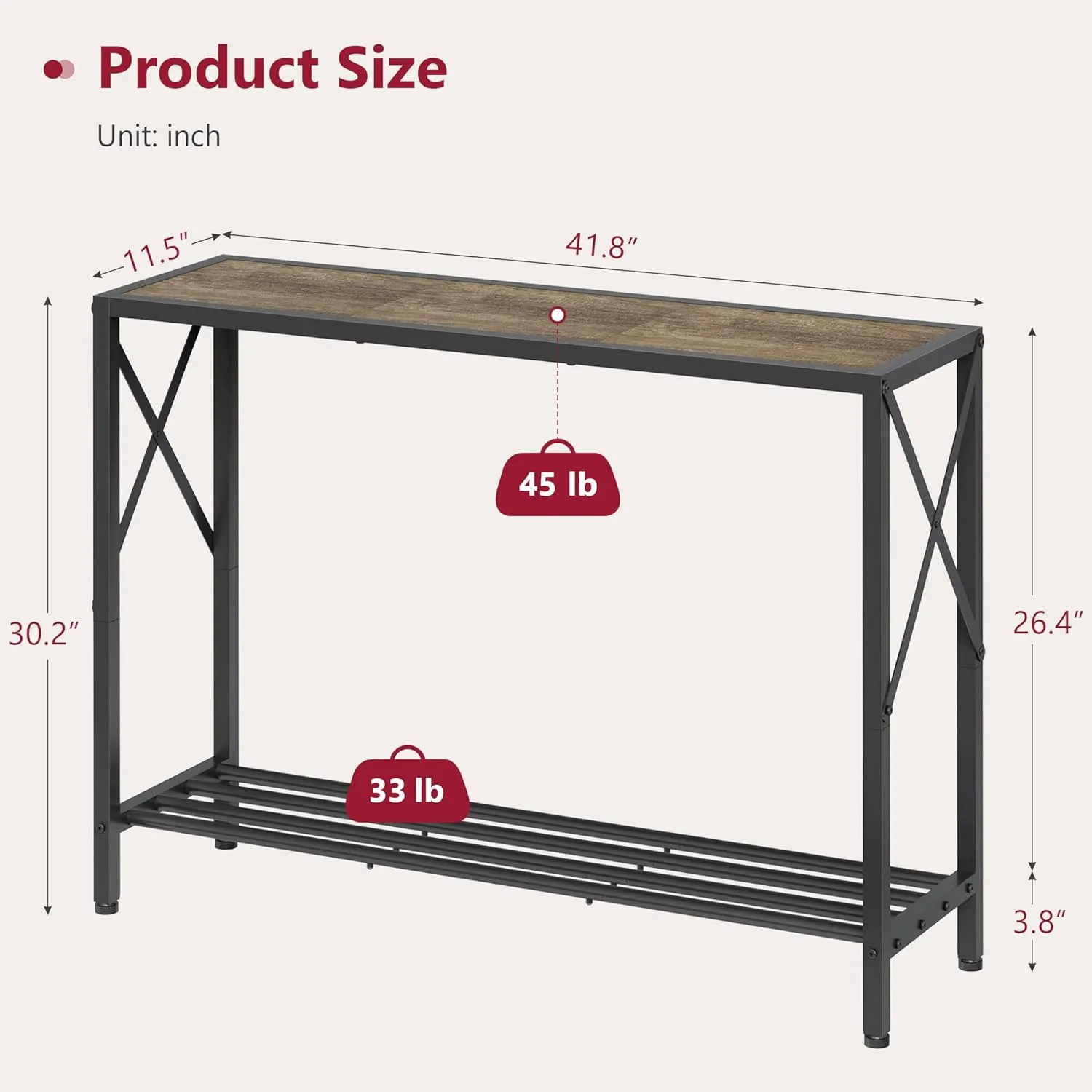 Tajsoon Console Table, 2-Tier Industrial entryway Table, 41.8”L Narrow Sofa Table with Shelves, Entrance Table for Entryway, Hallway, Living Room, Foyer, Corridor, Office, Grey & Black