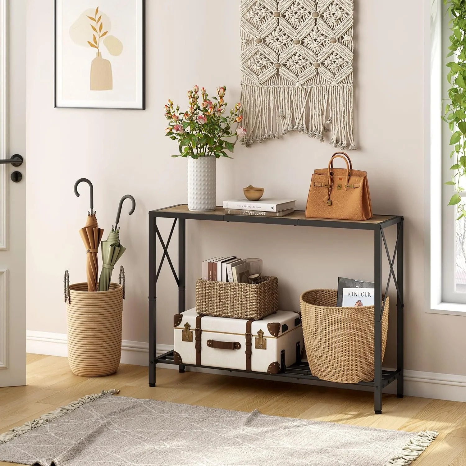 Tajsoon Console Table, 2-Tier Industrial entryway Table, 41.8”L Narrow Sofa Table with Shelves, Entrance Table for Entryway, Hallway, Living Room, Foyer, Corridor, Office, Grey & Black