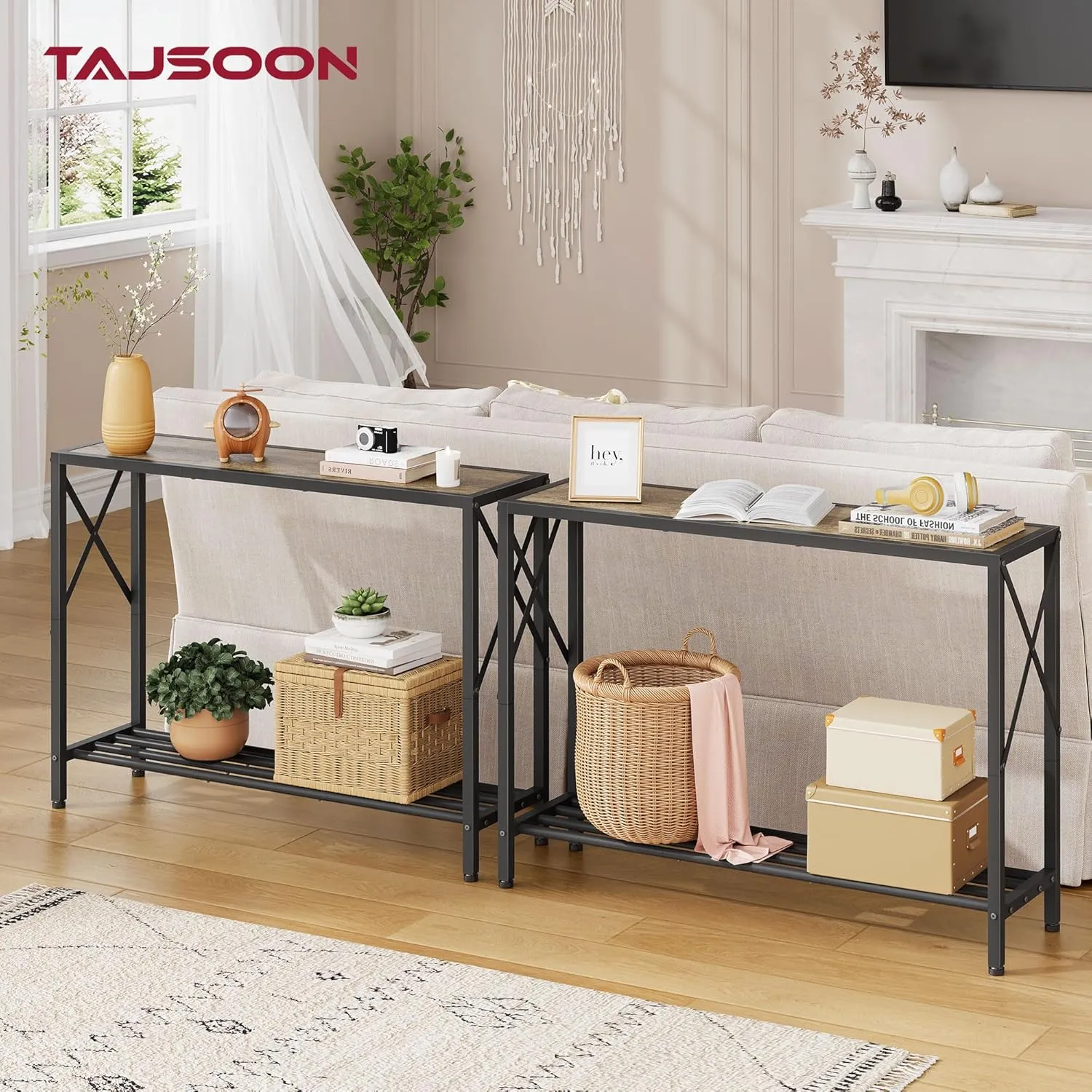 Tajsoon Console Table, 2-Tier Industrial entryway Table, 41.8”L Narrow Sofa Table with Shelves, Entrance Table for Entryway, Hallway, Living Room, Foyer, Corridor, Office, Grey & Black
