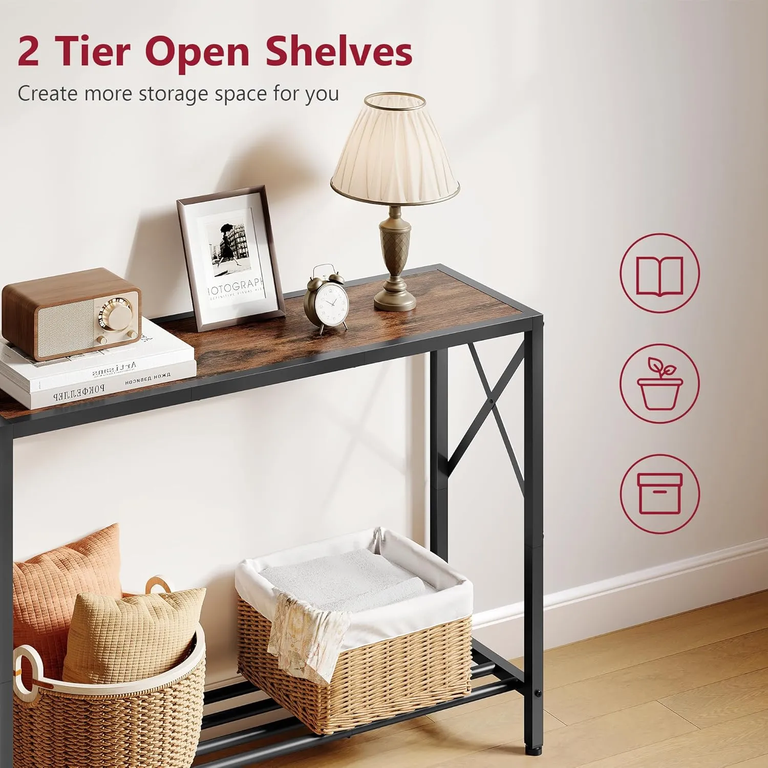 Tajsoon Console Table, 2-Tier Industrial entryway Table, 41.8”L Narrow Sofa Table with Shelves, Entrance Table for Entryway, Hallway, Living Room, Foyer, Corridor, Office, Rustic Brown