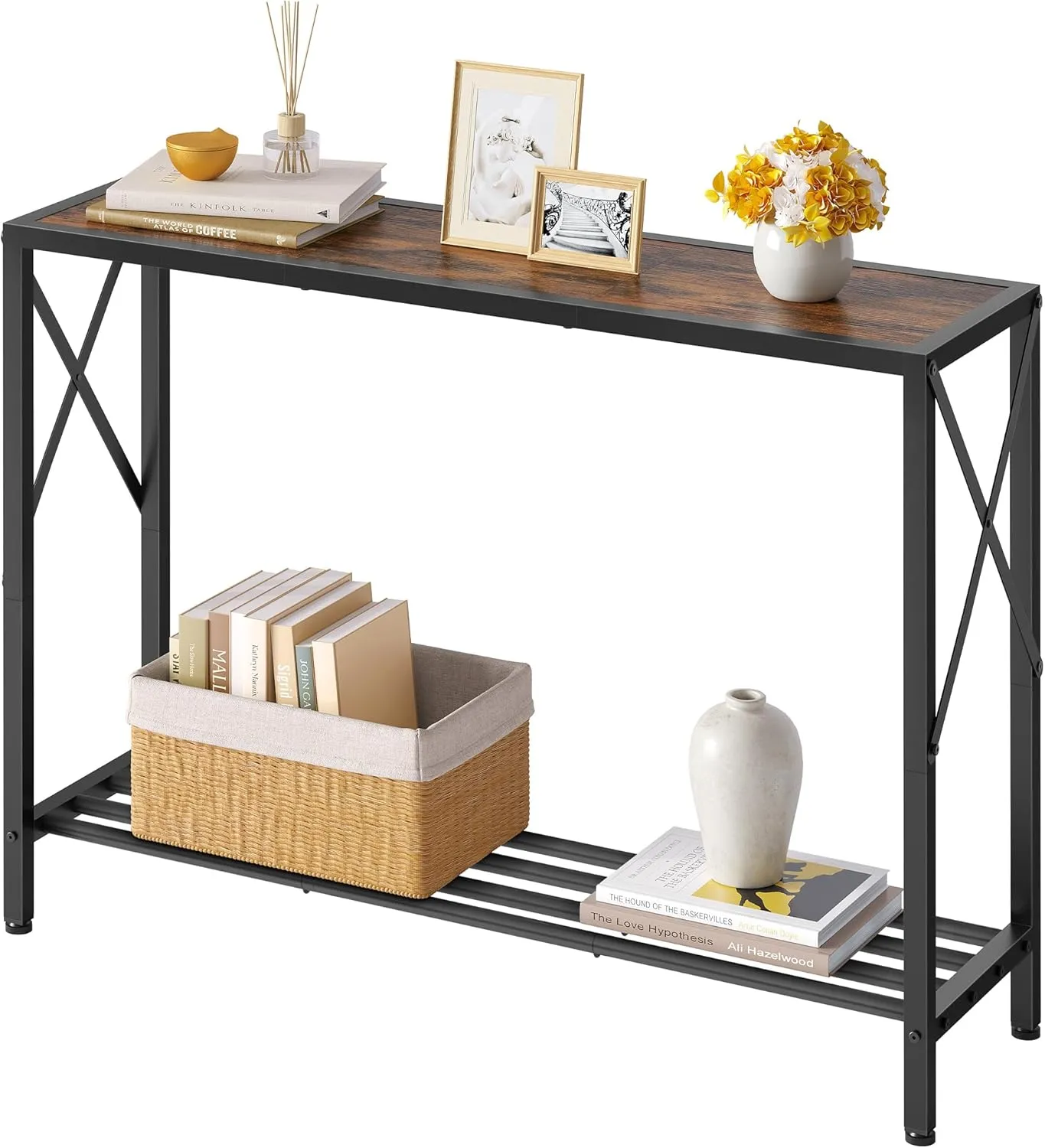 Tajsoon Console Table, 2-Tier Industrial entryway Table, 41.8”L Narrow Sofa Table with Shelves, Entrance Table for Entryway, Hallway, Living Room, Foyer, Corridor, Office, Rustic Brown