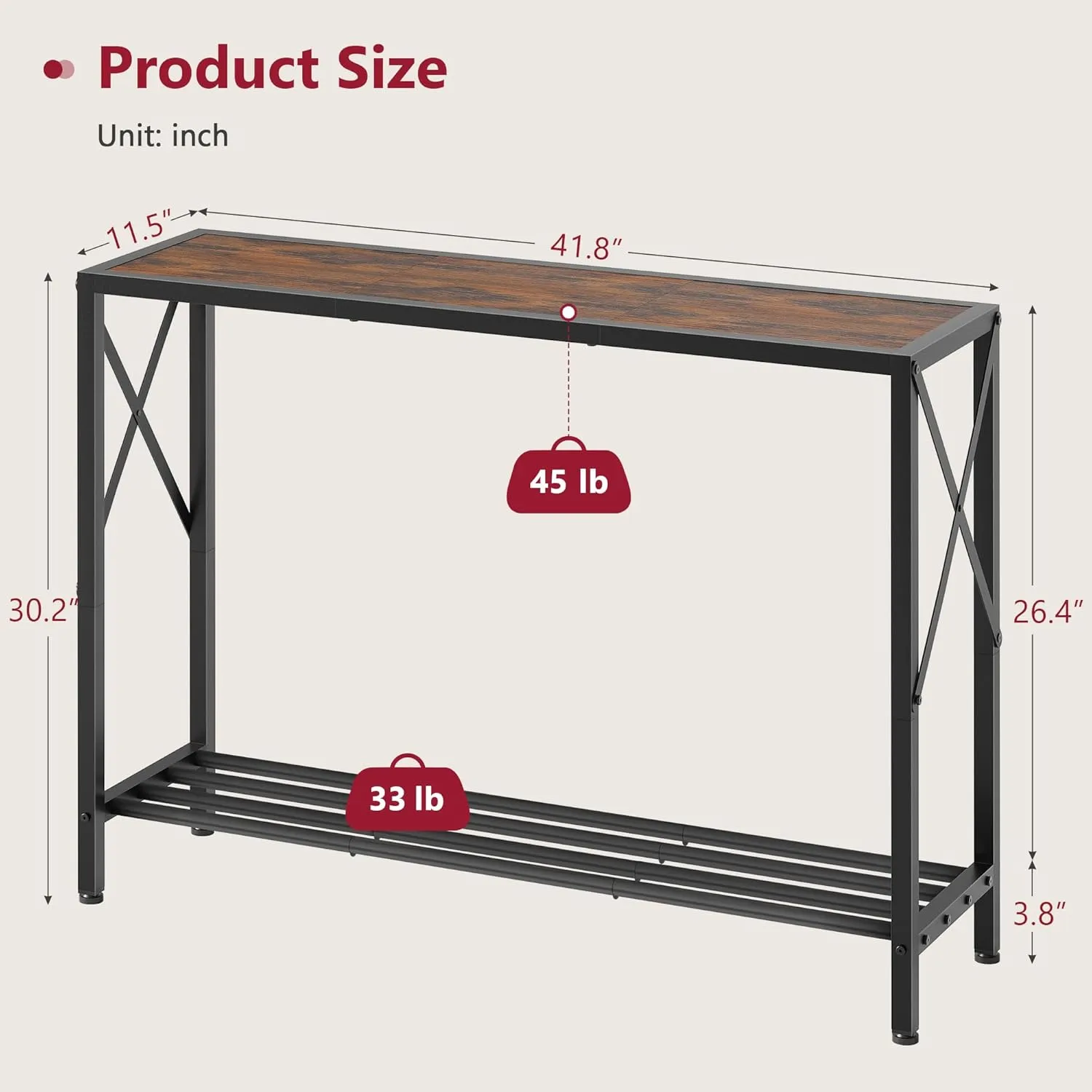 Tajsoon Console Table, 2-Tier Industrial entryway Table, 41.8”L Narrow Sofa Table with Shelves, Entrance Table for Entryway, Hallway, Living Room, Foyer, Corridor, Office, Rustic Brown